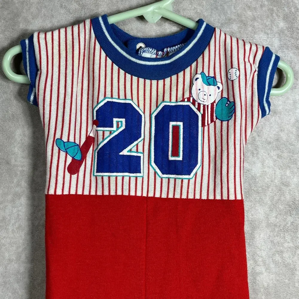Vintage Health-Tex Romper‎ Baby Size 6 Months Red Striped Short Sleeves USA
